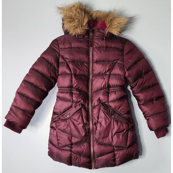 Falls Creek Other - Girls Falls Creek Burgundy Puffer Coat Faux Fur XS 4/5 Removable Hood Winter